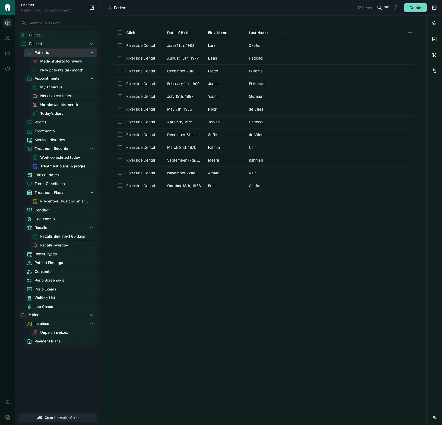 A patient record with the global bookmarks in the sidebar