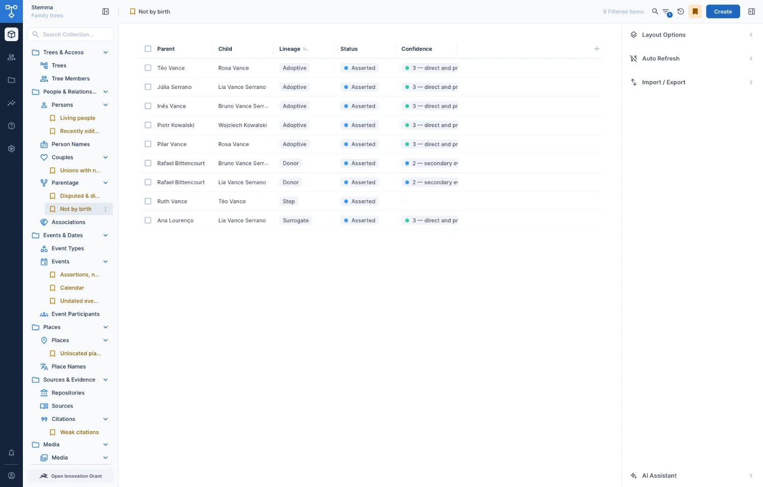 The Data Studio with six nav folders and global bookmarks, filtered to parent edges that are not by birth